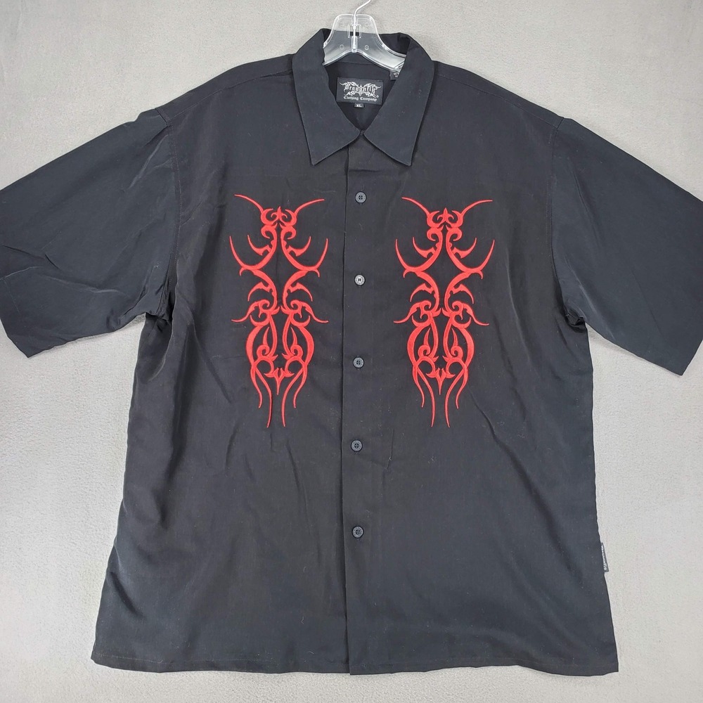 Dragonfly Clothing Company Button Up Shirt Mens XL Black Red‎ Tribal Y2K Goth